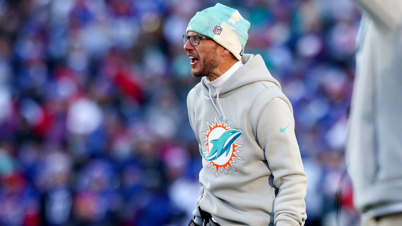 ORCHARD PARK, NEW YORK - JANUARY 15: Head coach Mike McDaniel of the Miami Dolphins reacts during the second half of the game against the Buffalo Bills in the AFC Wild Card playoff game at Highmark Stadium on January 15, 2023 in Orchard Park, New York.