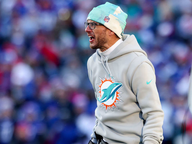 ORCHARD PARK, NEW YORK - JANUARY 15: Head coach Mike McDaniel of the Miami Dolphins reacts during the second half of the game against the Buffalo Bills in the AFC Wild Card playoff game at Highmark Stadium on January 15, 2023 in Orchard Park, New York.