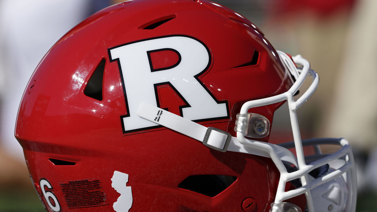 PISCATAWAY, NJ - OCTOBER 22: A Rutgers Scarlet Knights football helmet on the ground before a college football game against the Indiana Hoosiers at SHI Stadium on October 22, 2022 in Piscataway, New Jersey.