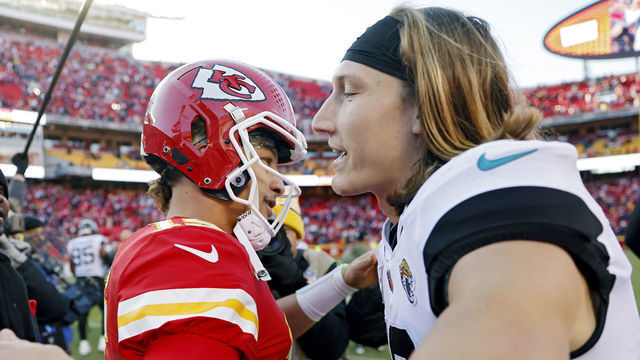 KANSAS CITY, MISSOURI - NOVEMBER 13: Patrick Mahomes #15 of the Kansas City Chiefs hugs Trevor Lawrence #16 of the Jacksonville Jaguars after the Chiefs defeated the Jaguars 27-17 at Arrowhead Stadium on November 13, 2022 in Kansas City, Missouri.