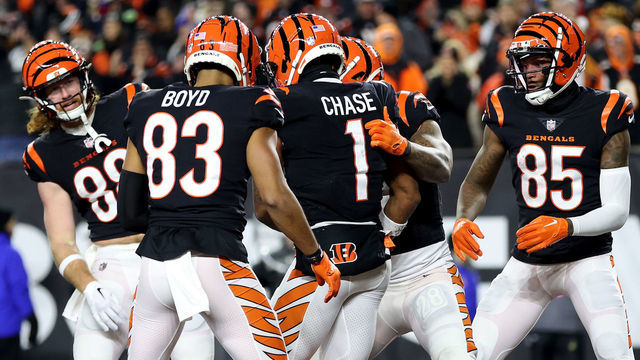 CINCINNATI, OHIO - JANUARY 15: Ja'Marr Chase #1 of the Cincinnati Bengals celebrates with his teammates after scoring a 7 yard touchdown against the Baltimore Ravens during the second quarter in the AFC Wild Card playoff game at Paycor Stadium on January 15, 2023 in Cincinnati, Ohio.