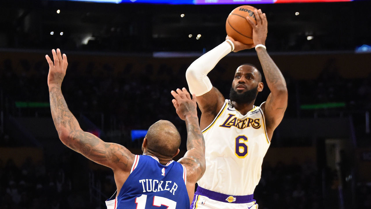 LOS ANGELES, CA - JANUARY 15: (Shooting Sequence 1 of 4) LeBron James #6 of the Los Angeles Lakers shoots the ball to score his 38,000th point during the game against the Philadelphia 76ers on January 15, 2023 at Crypto.Com Arena in Los Angeles, California. NOTE TO USER: User expressly acknowledges and agrees that, by downloading and/or using this Photograph, user is consenting to the terms and conditions of the Getty Images License Agreement. Mandatory Copyright Notice: Copyright 2023 NBAE