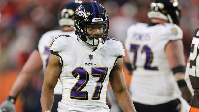 CLEVELAND, OHIO - DECEMBER 17: J.K. Dobbins #27 of the Baltimore Ravens reacts after his first down run against the Cleveland Browns during the first quarter at FirstEnergy Stadium on December 17, 2022 in Cleveland, Ohio.