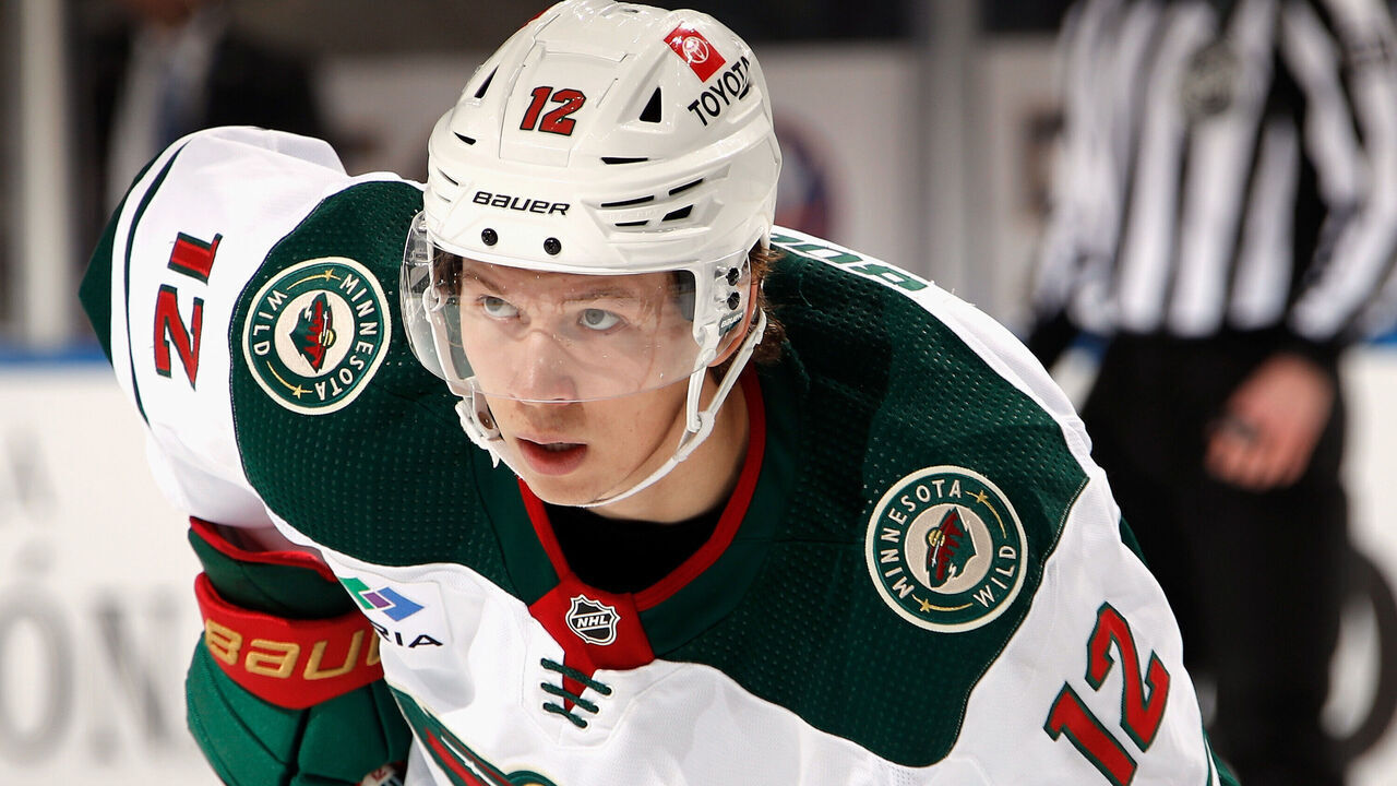 ELMONT, NEW YORK - JANUARY 12: Matt Boldy #12 of the Minnesota Wild skates against the New York Islanders at the UBS Arena on January 12, 2023 in Elmont, New York.