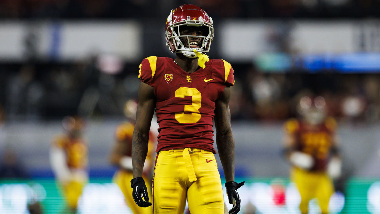 LAS VEGAS, NV - DECEMBER 02: USC Trojans wide receiver Jordan Addison (3) celebrates during the Pac-12 Championship football game between Utah Utes and USC Trojans on December 2, 2022 at Allegiant Stadium in Las Vegas, NV.