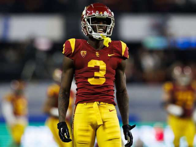 LAS VEGAS, NV - DECEMBER 02: USC Trojans wide receiver Jordan Addison (3) celebrates during the Pac-12 Championship football game between Utah Utes and USC Trojans on December 2, 2022 at Allegiant Stadium in Las Vegas, NV.