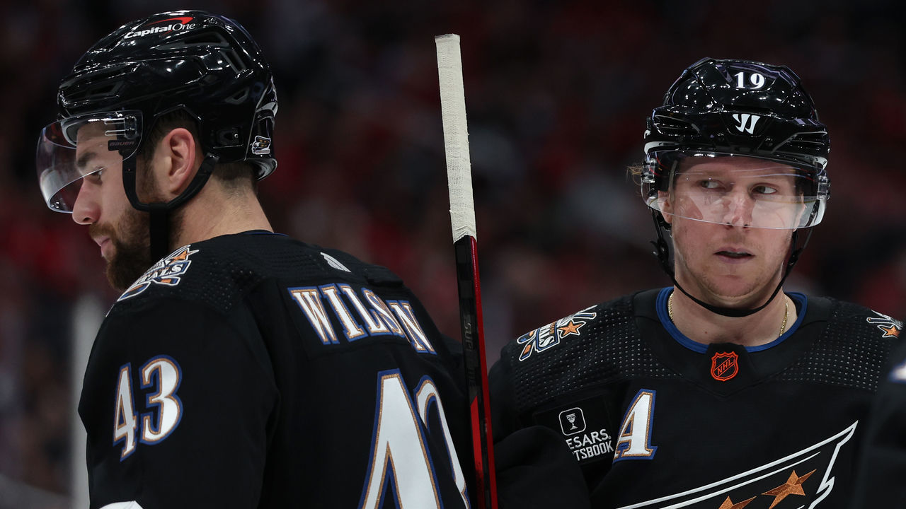 WASHINGTON, DC - JANUARY 14: Nicklas Backstrom #19 and Tom Wilson #43 of the Washington Capitals look on against the Philadelphia Flyers during the second period at Capital One Arena on January 14, 2023 in Washington, DC.