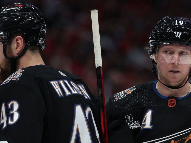 WASHINGTON, DC - JANUARY 14: Nicklas Backstrom #19 and Tom Wilson #43 of the Washington Capitals look on against the Philadelphia Flyers during the second period at Capital One Arena on January 14, 2023 in Washington, DC.