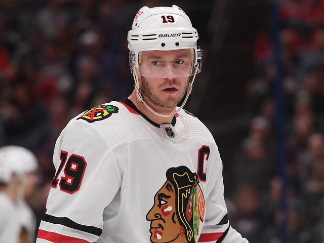 COLUMBUS, OHIO - DECEMBER 31: Jonathan Toews #19 of the Chicago Blackhawks looks on in the third period during the game against the Columbus Blue Jackets at Nationwide Arena on December 31, 2022 in Columbus, Ohio.