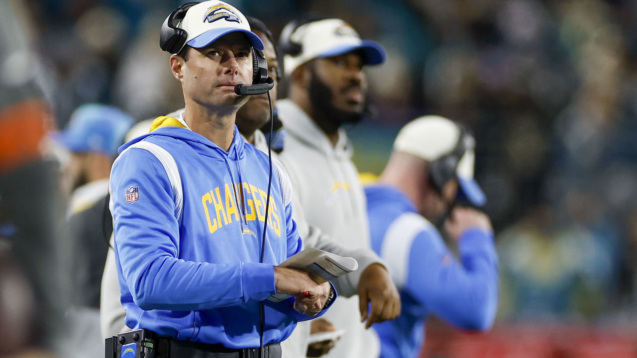 JACKSONVILLE, FL - JANUARY 14: Los Angeles Chargers head coach Brandon Staley looks on during the game between the Los Angeles Chargers and the Jacksonville Jaguars on January 14, 2023 at TIAA Bank Field in Jacksonville, Fl.