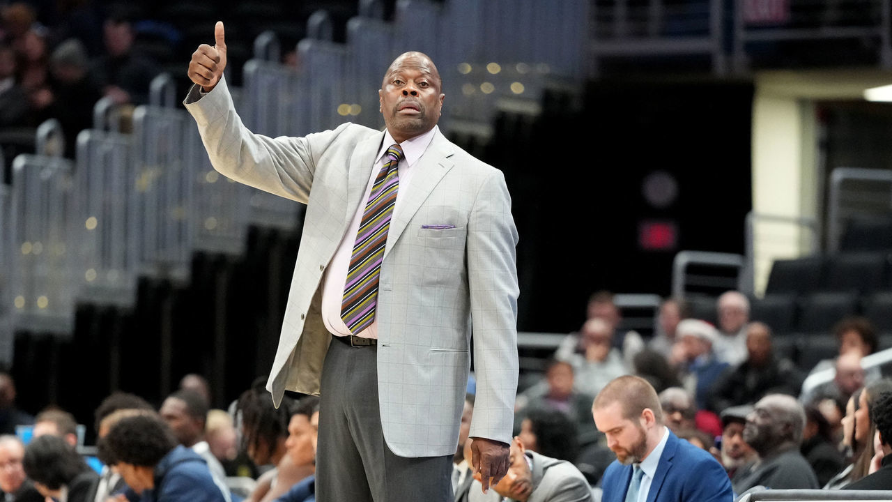 WASHINGTON, DC - DECEMBER 16: Head coach Patrick Ewing of the Georgetown Hoyas signals to his players during a college basketball game against the Xavier Musketeers at Capital One Arena on December 16, 2022 in Washington, DC.