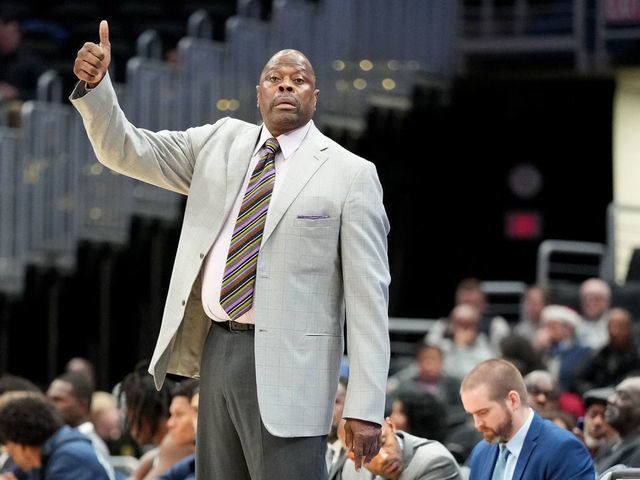 WASHINGTON, DC - DECEMBER 16: Head coach Patrick Ewing of the Georgetown Hoyas signals to his players during a college basketball game against the Xavier Musketeers at Capital One Arena on December 16, 2022 in Washington, DC.