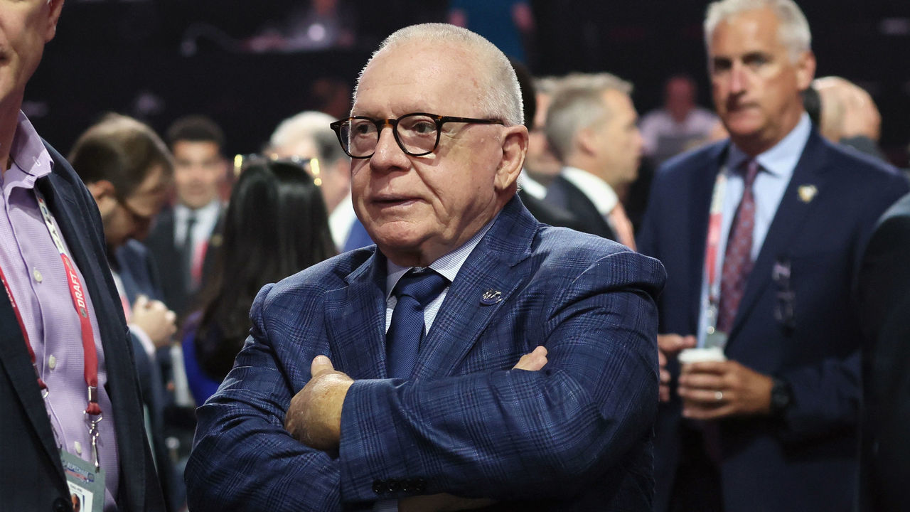 MONTREAL, QUEBEC - JULY 08: Ron Francis of the Seattle Kraken and Jim Rutherford of the Vancouver Canucks attend the 2022 NHL Draft at the Bell Centre on July 08, 2022 in Montreal, Quebec.