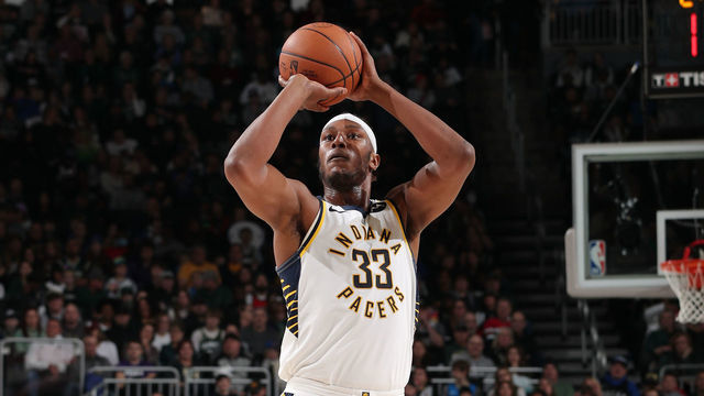 MILWAUKEE, WI - JANUARY 16: Myles Turner #33 of the Indiana Pacers shoots a three point basket on January 16, 2023 at the Fiserv Forum Center in Milwaukee, Wisconsin. Mandatory Copyright Notice: Copyright 2023 NBAE .