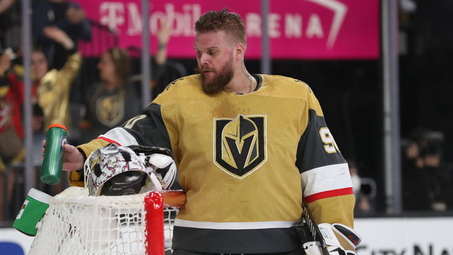 LAS VEGAS, NEVADA - APRIL 09: Robin Lehner #90 of the Vegas Golden Knights rests during a stoppage in play during the third period of a game against the Arizona Coyotes at T-Mobile Arena on April 09, 2022 in Las Vegas, Nevada.