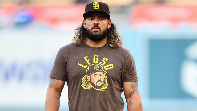LOS ANGELES, CA - OCTOBER 11: San Diego Padres catcher Jorge Alfaro (38) looks on during batting practice before the NLDS Game 1 between the San Diego Padres and the Los Angeles Dodgers on October 11, 2022 at Dodger Stadium in Los Angeles, CA.