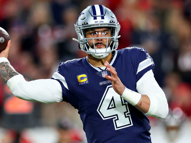 TAMPA, FLORIDA - JANUARY 16: Dak Prescott #4 of the Dallas Cowboys throws a pass against the Tampa Bay Buccaneers during the first quarter of the game in the NFC Wild Card playoff game at Raymond James Stadium on January 16, 2023 in Tampa, Florida.