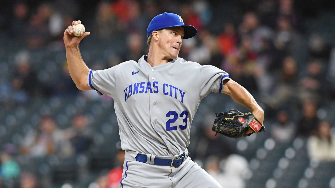 CLEVELAND, OH - OCTOBER 3, 2022: Zack Greinke #23 of the Kansas City Royals throws a pitch during the fourth inning against the Cleveland Guardians at Progressive Field on October 3, 2022 in Cleveland, Ohio.