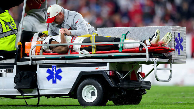 TAMPA, FLORIDA - JANUARY 16: Russell Gage #17 of the Tampa Bay Buccaneers is carted off the field after suffering an injury against the Dallas Cowboys during the fourth quarter in the NFC Wild Card playoff game at Raymond James Stadium on January 16, 2023 in Tampa, Florida.