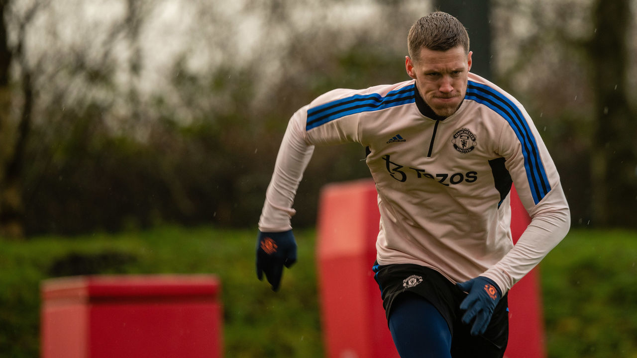 MANCHESTER, ENGLAND - JANUARY 15: (EXCLUSIVE COVERAGE) Wout Weghorst of Manchester United in action during a first team training session at Carrington Training Ground on January 15, 2023 in Manchester, England.