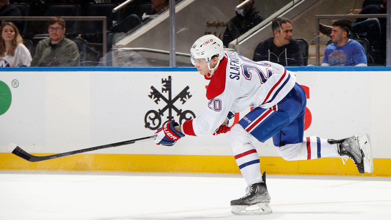 ELMONT, NEW YORK - JANUARY 14: Juraj Slafkovsky #20 of the Montreal Canadiens skates against the New York Islanders at the UBS Arena on January 14, 2023 in Elmont, New York.