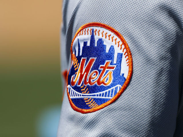 LOS ANGELES, CA - JUNE 05: Detailed view a New York Mets logo on a uniform worn by New York Mets shortstop Francisco Lindor (12) during a regular season game between the New York Mets and Los Angeles Dodgers on June 5, 2022, at Dodger Stadium in Los Angeles, CA.