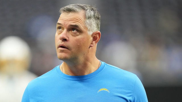 LAS VEGAS, NEVADA - DECEMBER 04: Los Angeles Chargers offensive coordinator Joe Lombardi looks on prior to a game against the Las Vegas Raiders at Allegiant Stadium on December 04, 2022 in Las Vegas, Nevada.