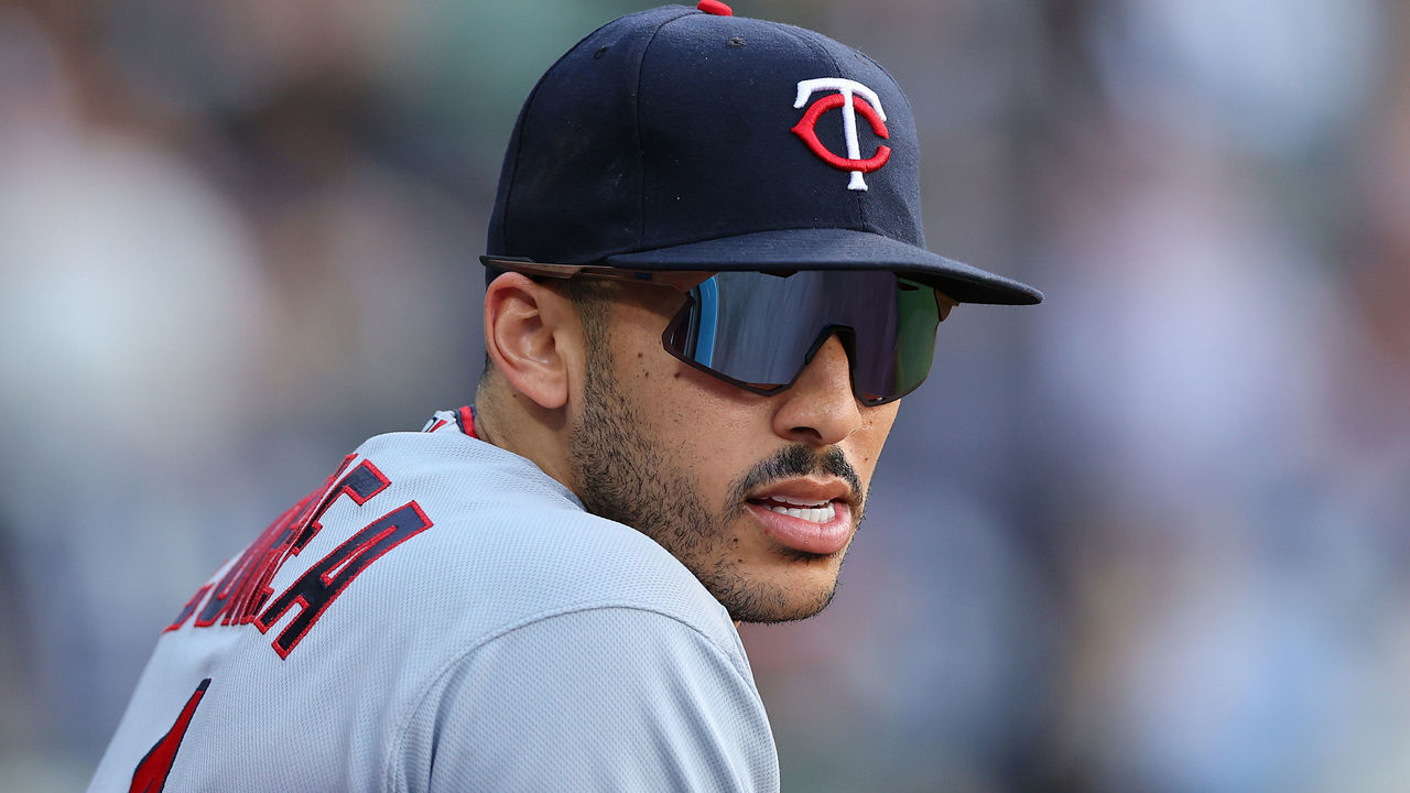CHICAGO, ILLINOIS - OCTOBER 05: Carlos Correa #4 of the Minnesota Twins looks on against the Chicago White Sox at Guaranteed Rate Field on October 05, 2022 in Chicago, Illinois.