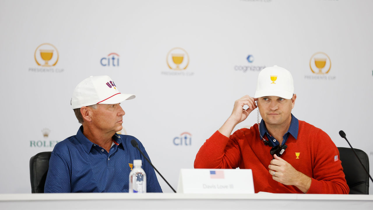 CHARLOTTE, NORTH CAROLINA - SEPTEMBER 24: Captain Davis Love III of the United States Team and Assistant Captain Zach Johnson of the United States Team take part in the captains picks press conference for Saturday afternoon fourball matches during Saturday morning foursomes on day three of the 2022 Presidents Cup at Quail Hollow Country Club on September 24, 2022 in Charlotte, North Carolina.