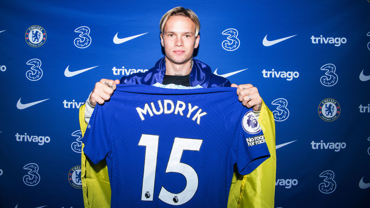 LONDON, ENGLAND - JANUARY 15: Chelsea Unveil New Signing Mykhaylo Mudryk at Stamford Bridge on January 15, 2023 in London, England.