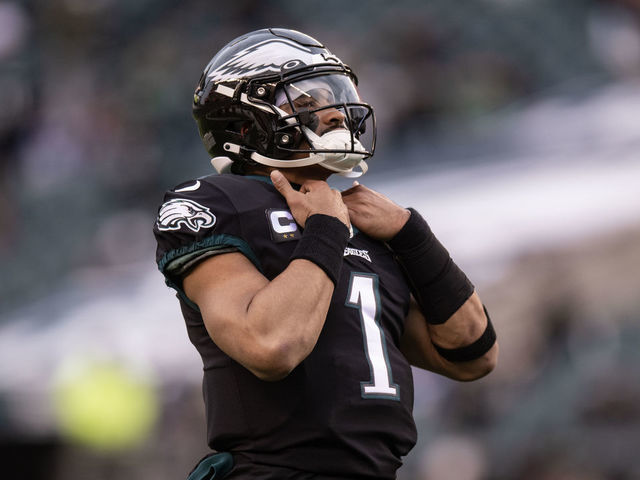PHILADELPHIA, PA - JANUARY 08: Philadelphia Eagles quarterback Jalen Hurts (1) during pregame of the National Football league game between the New York Giants and Philadelphia Eagles on January 8, 2023 at Lincoln Financial Field in Philadelphia, PA