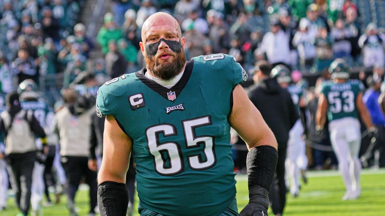 PHILADELPHIA, PA - DECEMBER 04: Philadelphia Eagles offensive tackle Lane Johnson (65) looks on during the game between the Tennessee Titans and the Philadelphia Eagles on December 4, 2022 at Lincoln Financial Field in Philadelphia, PA.