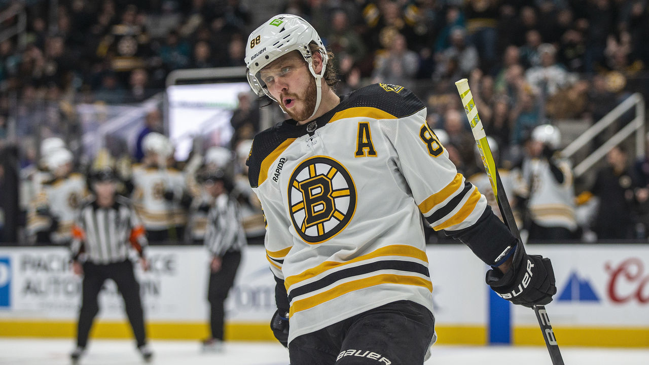 SAN JOSE, CA - JANUARY 07: Boston Bruins Right Wing David Pastrnak (88) celebrates his goal during the second period of a regular season NHL hockey game between the Boston Bruins and the San Jose Sharks on January 7, 2023, at SAP Center, in San Jose, CA.