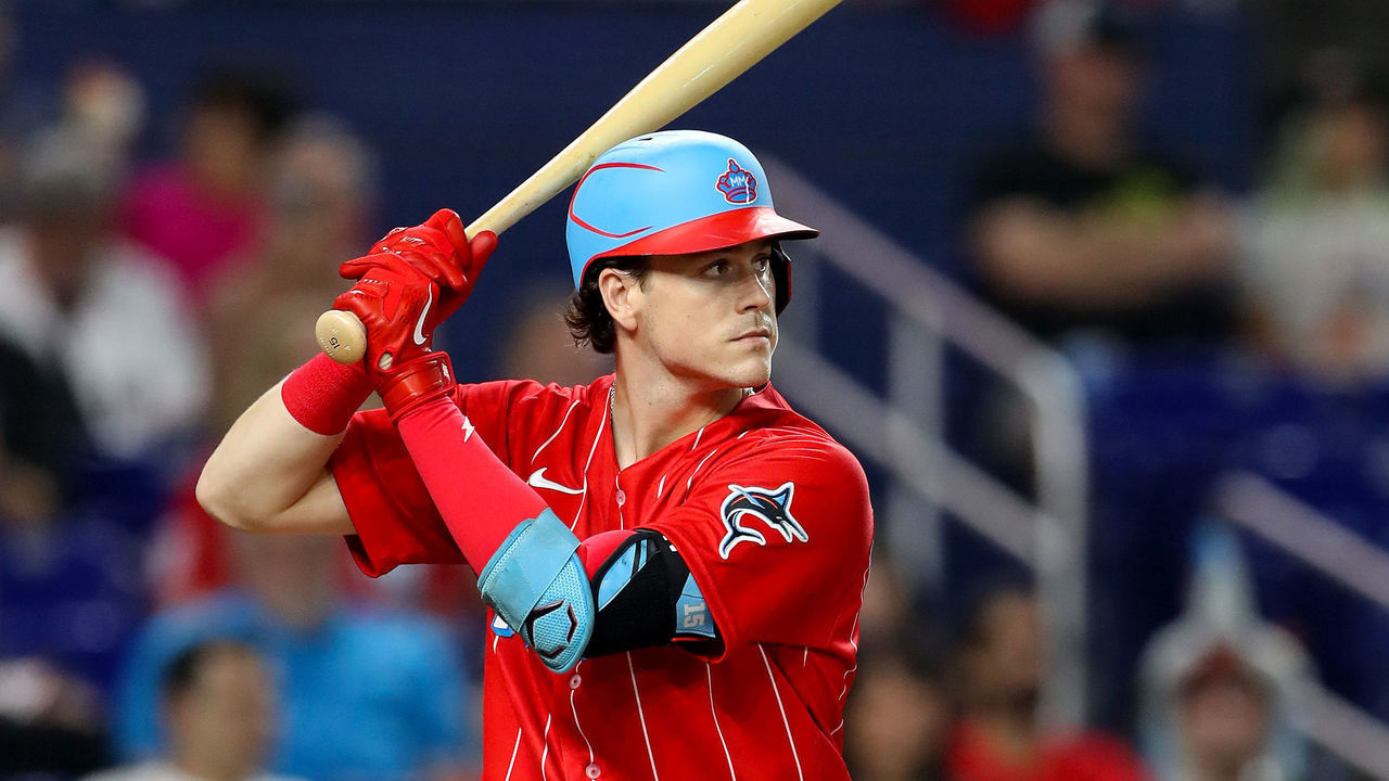 MIAMI, FLORIDA - SEPTEMBER 24: Brian Anderson #15 of the Miami Marlins at bat against the Washington Nationals at loanDepot park on September 24, 2022 in Miami, Florida.