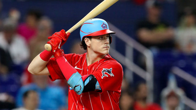 MIAMI, FLORIDA - SEPTEMBER 24: Brian Anderson #15 of the Miami Marlins at bat against the Washington Nationals at loanDepot park on September 24, 2022 in Miami, Florida.