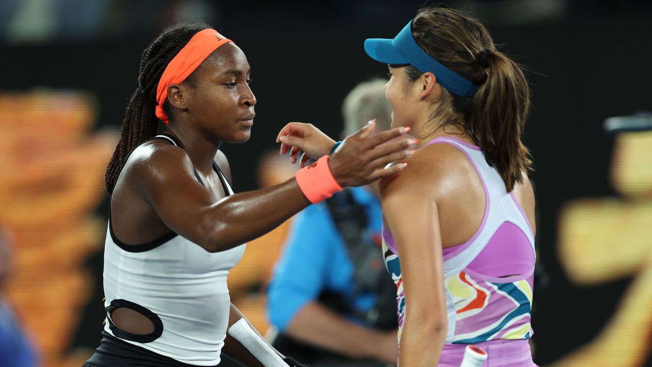 MELBOURNE, AUSTRALIA - JANUARY 18: Coco Gauff (L) of the United States embraces Emma Raducanu of Great Britain after winning their round two singles match during day three of the 2023 Australian Open at Melbourne Park on January 18, 2023 in Melbourne, Australia.