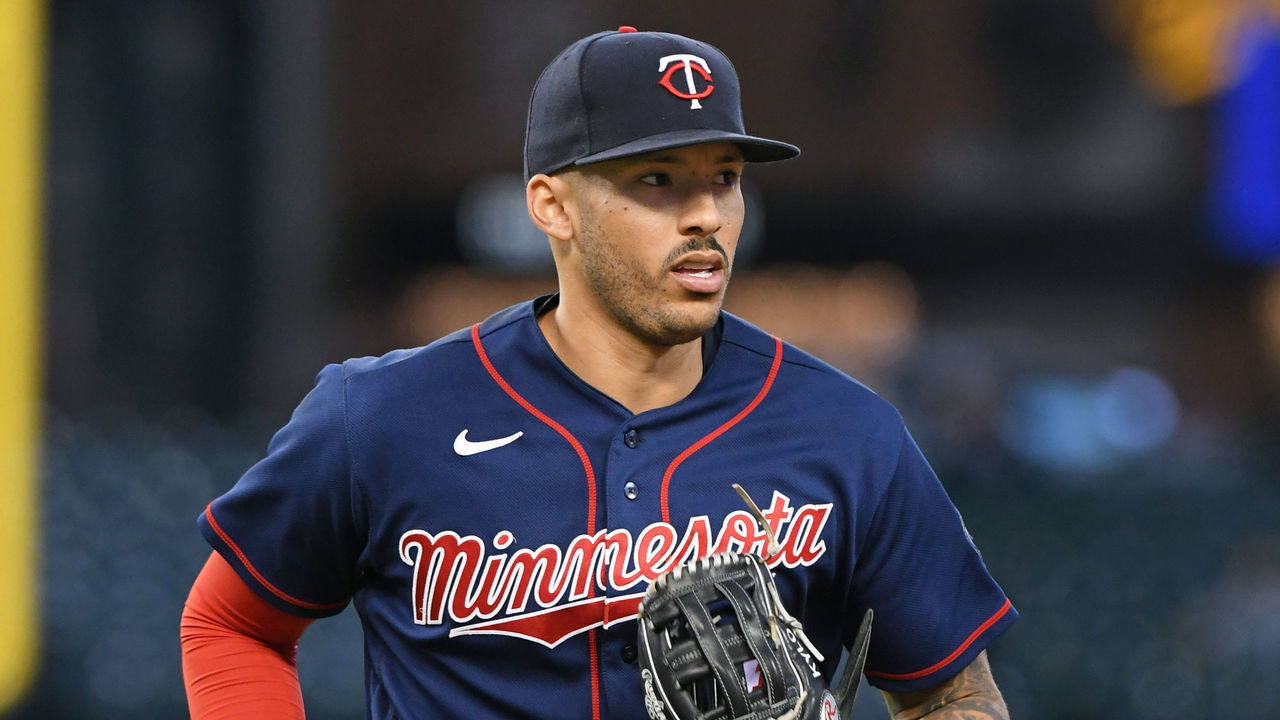 DETROIT, MI - OCTOBER 01: Carlos Correa #4 of the Minnesota Twins looks on during the game against the Detroit Tigers at Comerica Park on October 1, 2022 in Detroit, Michigan. The Tigers defeated the Twins 3-2.
