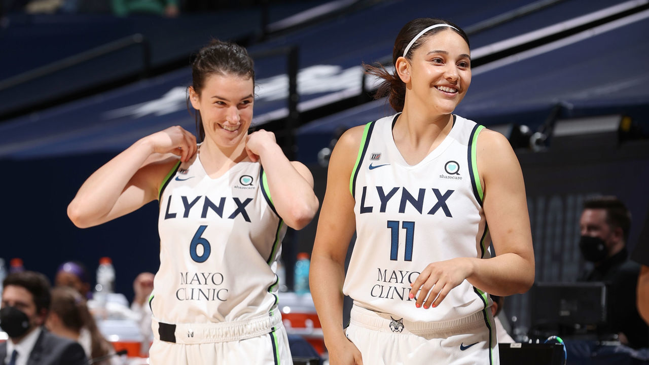 MINNEAPOLIS, MN - MAY 14: Bridget Carleton #6 and Natalie Achonwa #11 of the Minnesota Lynx smile during the game against the Phoenix Mercury on May 14, 2021 at Target Center in Minneapolis, Minnesota. Mandatory Copyright Notice: Copyright 2021 NBAE