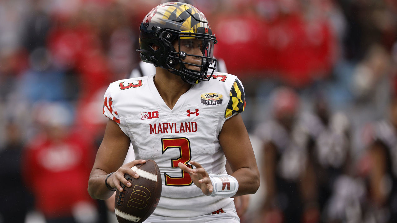 CHARLOTTE, NORTH CAROLINA - DECEMBER 30: Taulia Tagovailoa #3 of the Maryland Terrapins drops back to pass during the first half of the Duke's Mayo Bowl against the North Carolina State Wolfpack at Bank of America Stadium on December 30, 2022 in Charlotte, North Carolina.