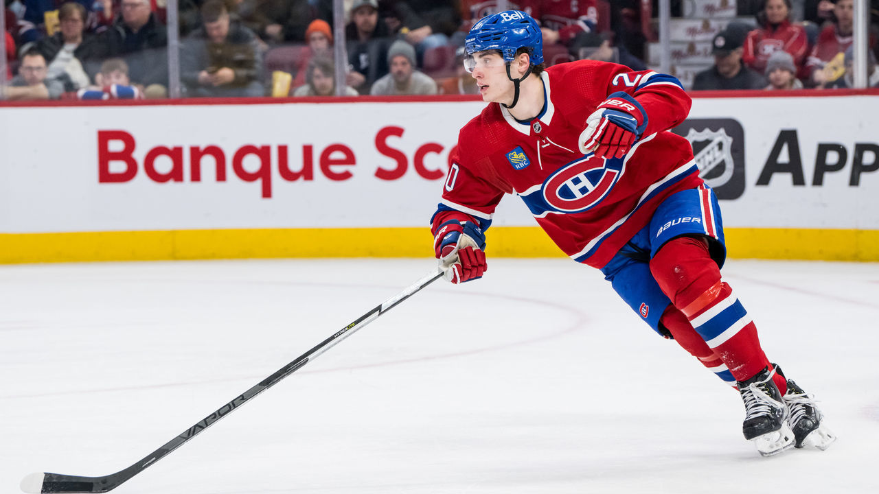 MONTREAL, QC - JANUARY 12: Juraj Slafkovsky (20) of the Montreal Canadiens skates during the third period of the NHL game between the Nashville Predators and the Montreal Canadiens on January 12, 2023, at the Bell Centre in Montreal, QC