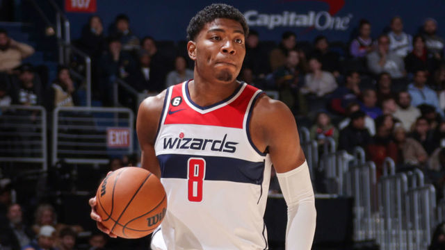 WASHINGTON, DC - JANUARY 9: Rui Hachimura #8 of the Washington Wizards handles the ball during the game against the New Orleans Pelicans on January 9, 2023 at Capital One Arena in Washington, DC. Mandatory Copyright Notice: Copyright 2023 NBAE