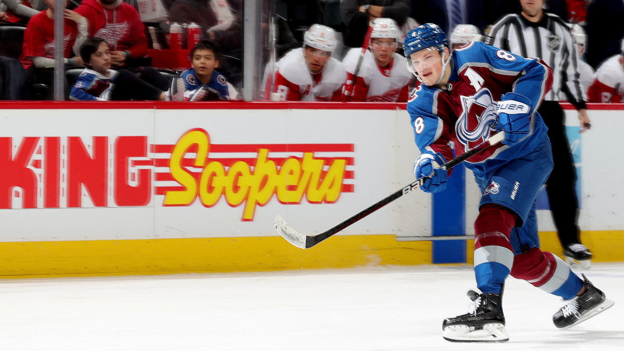 DENVER, COLORADO - JANUARY 16: Cale Makar #8 of the Colorado Avalanche takes a shot against the Detroit Red Wings at Ball Arena on January 16, 2023 in Denver, Colorado.