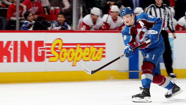 DENVER, COLORADO - JANUARY 16: Cale Makar #8 of the Colorado Avalanche takes a shot against the Detroit Red Wings at Ball Arena on January 16, 2023 in Denver, Colorado.