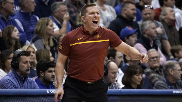 LAWRENCE, KANSAS - JANUARY 14: Head coach T.J. Otzelberger of the Iowa State Cyclones directs his team against the Kansas Jayhawks at Allen Fieldhouse on January 14, 2023 in Lawrence, Kansas.