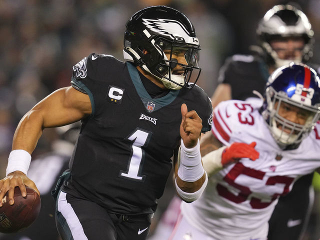 PHILADELPHIA, PA - JANUARY 08: Jalen Hurts #1 of the Philadelphia Eagles scrambles against the New York Giants at Lincoln Financial Field on January 8, 2023 in Philadelphia, Pennsylvania.
