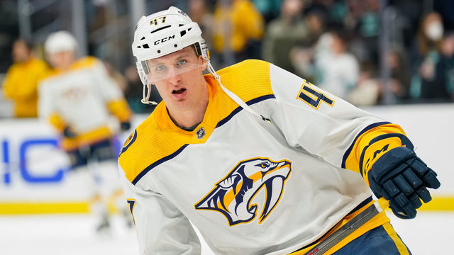 SEATTLE, WASHINGTON - MARCH 02: Michael McCarron #47 of the Nashville Predators warms up before the game against the Seattle Kraken at Climate Pledge Arena on March 02, 2022 in Seattle, Washington.