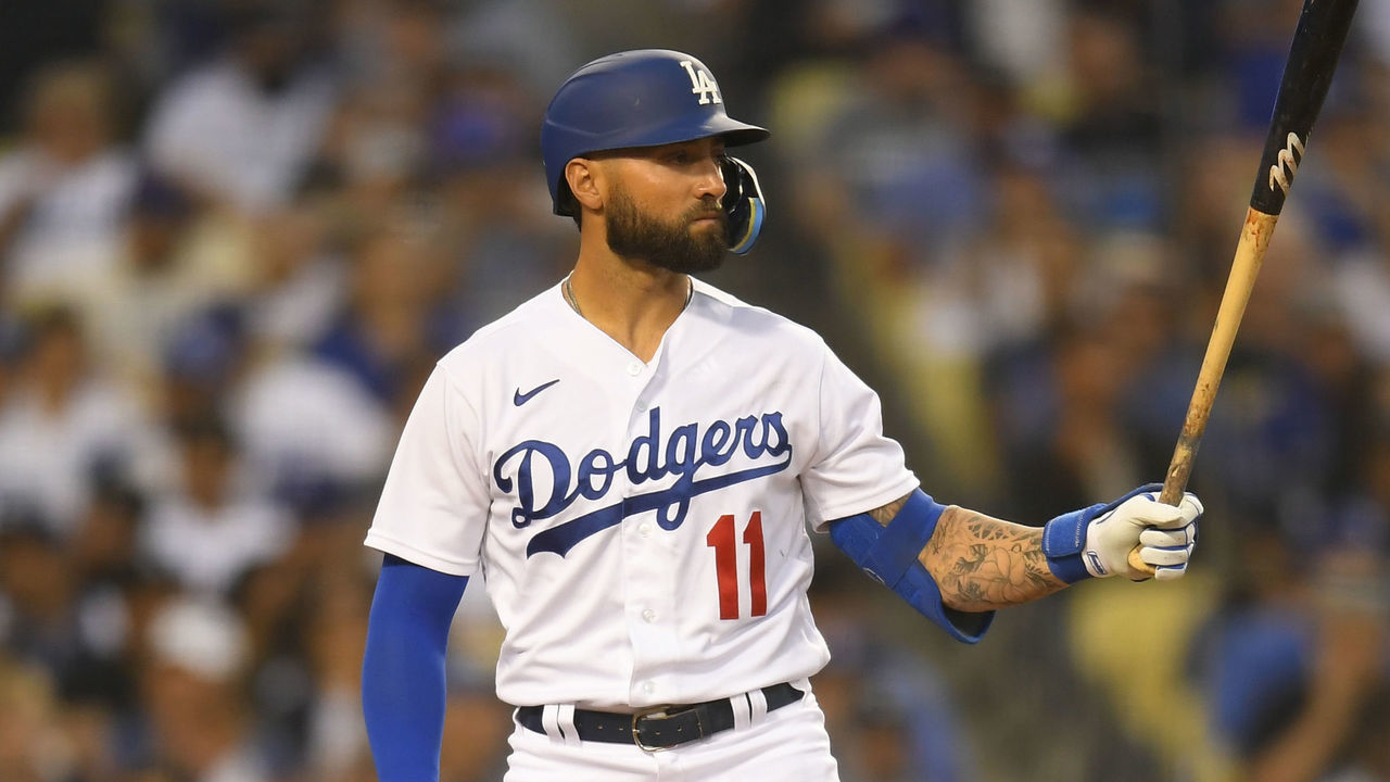 LOS ANGELES, CA - MAY 31: Kevin Pillar #11 of the Los Angeles Dodgers at bat against the Pittsburgh Pirates at Dodger Stadium on May 31, 2022 in Los Angeles, California.