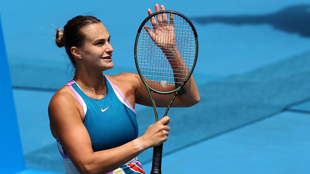 Belarus' Aryna Sabalenka celebrates victory against Shelby Rogers of the US after their women's singles match on day four of the Australian Open tennis tournament in Melbourne on January 19, 2023. - -- IMAGE RESTRICTED TO EDITORIAL USE - STRICTLY NO COMMERCIAL USE --