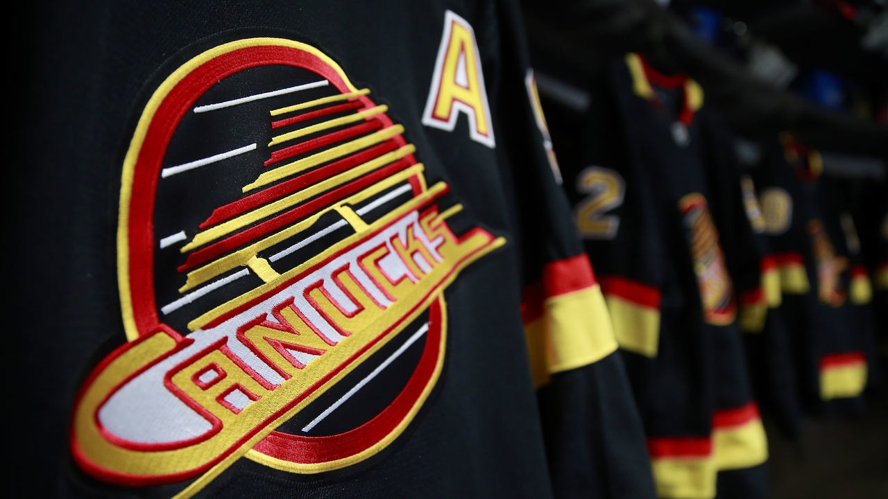 VANCOUVER, BC - APRIL 28: The Vancouver Canucks black skate jerseys hang in the dressing room before the NHL game against the Los Angeles Kings at Rogers Arena April 28, 2022 in Vancouver, British Columbia, Canada.