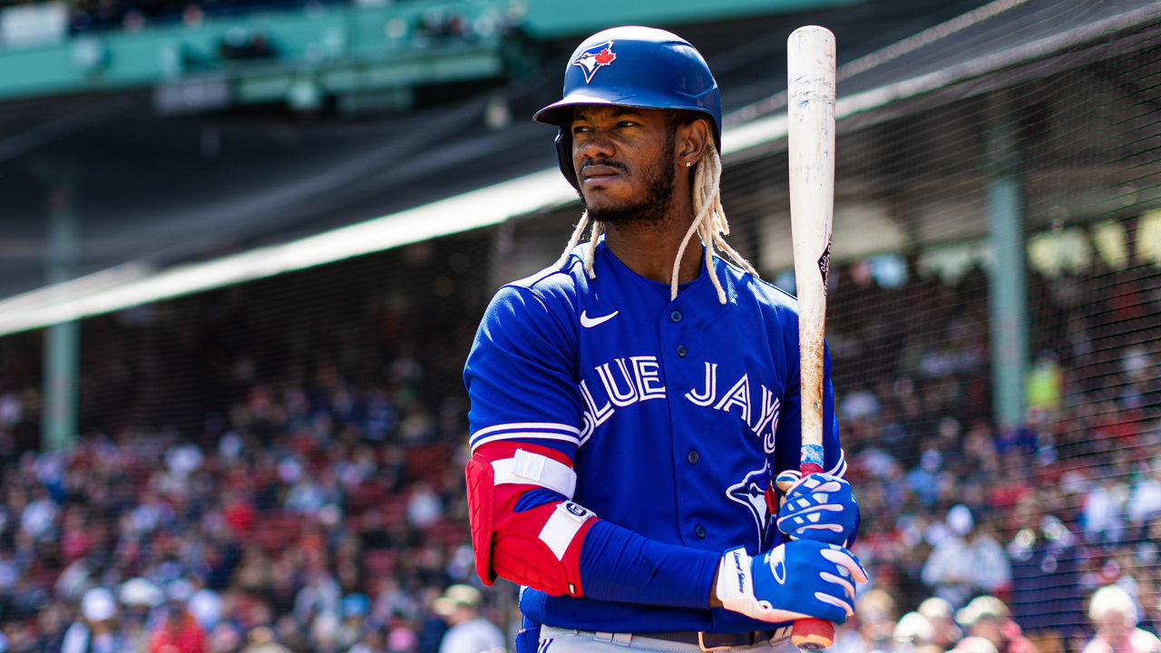 BOSTON, MA - APRIL 21: Raimel Tapia #15 of the Toronto Blue Jays looks on during the game against the Boston Red Sox at Fenway Park on Thursday April 21, 2022 in Boston, Massachusetts.